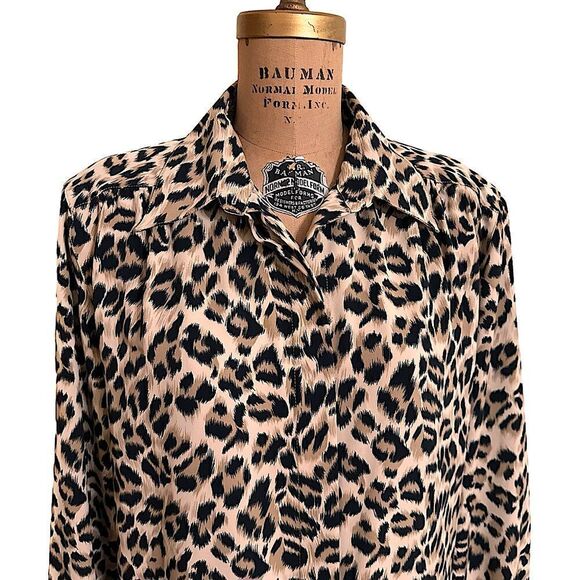 Vintage 80s Alfred Dunner Leopard Print Silky Long sleeve Shirt Blouse Size 16 - Picture 1 of 12